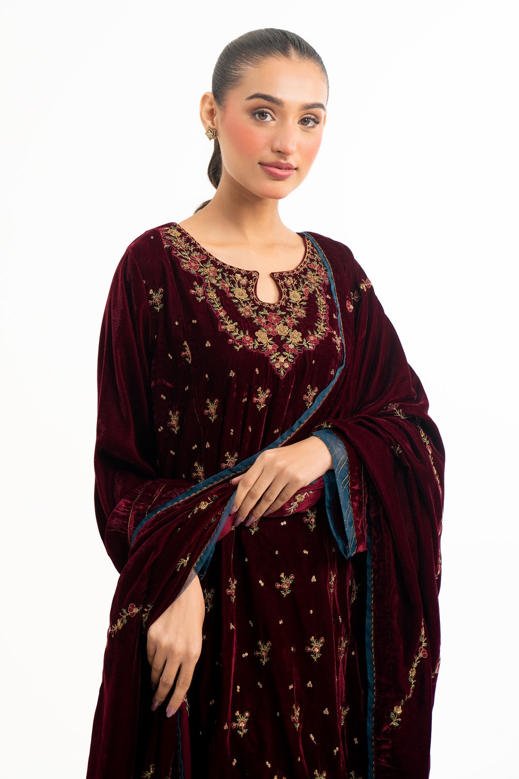 STITCHED EMBROIDERED VELVET SHIRT DUPATTA