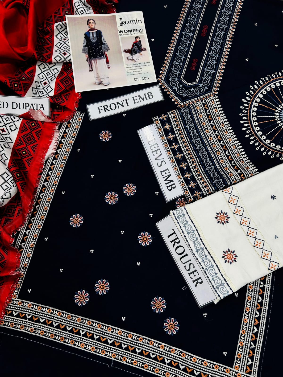 JAZMIN Premium Dhanak – 3 PC Heavy Embroidered Unstitched Winter Suit with Digital Wool Shawl