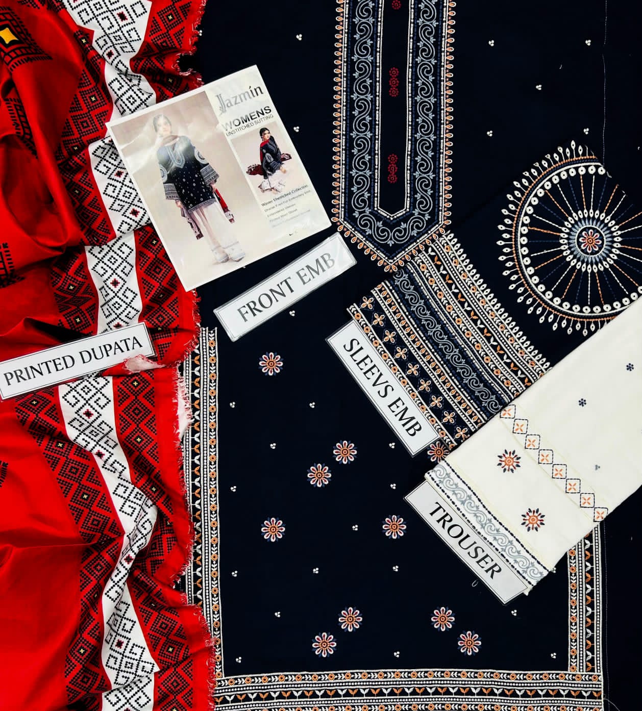 JAZMIN Premium Dhanak – 3 PC Heavy Embroidered Unstitched Winter Suit with Digital Wool Shawl