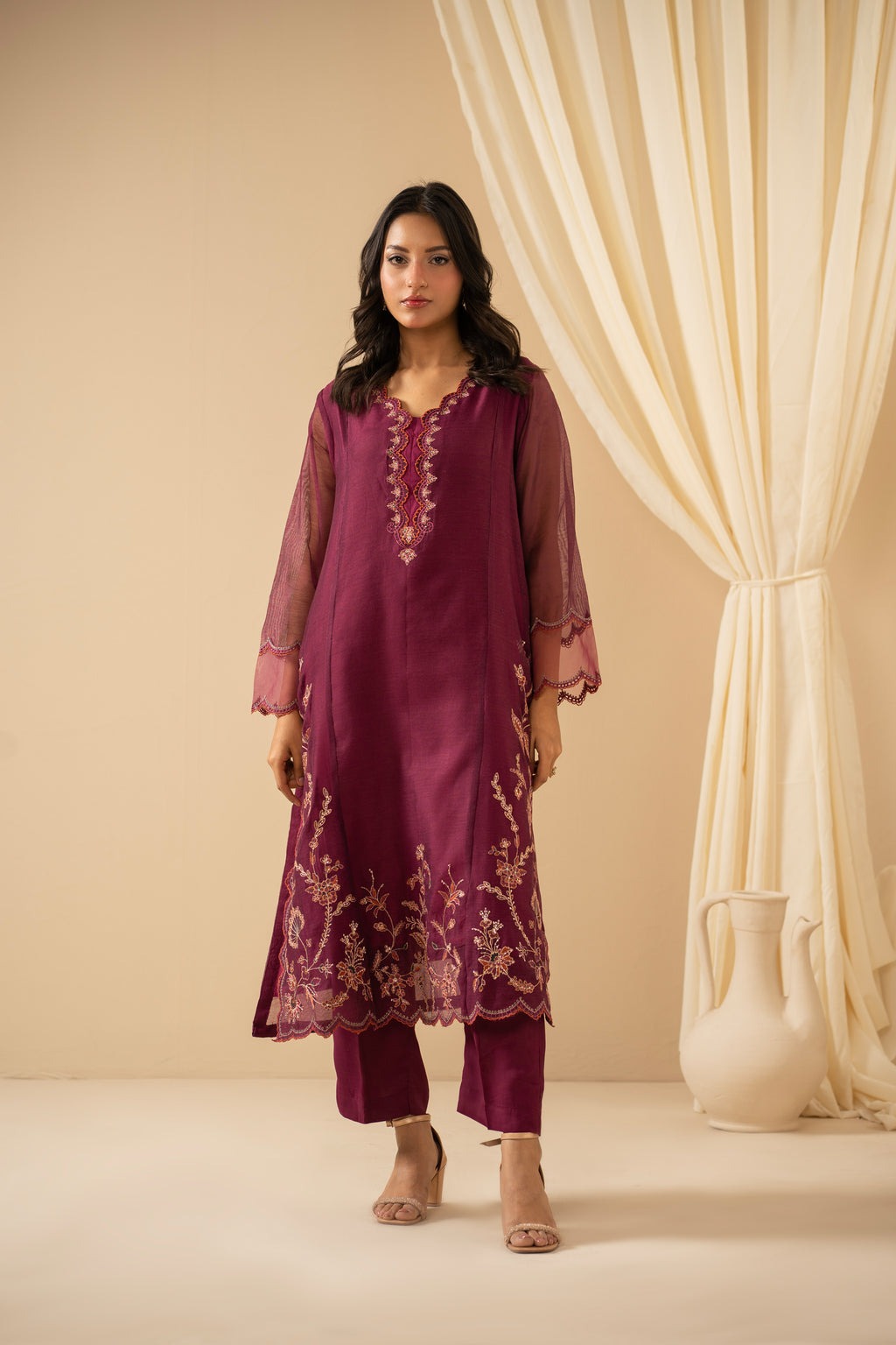 STITCHED EMBROIDERED KHADDI NET SUIT