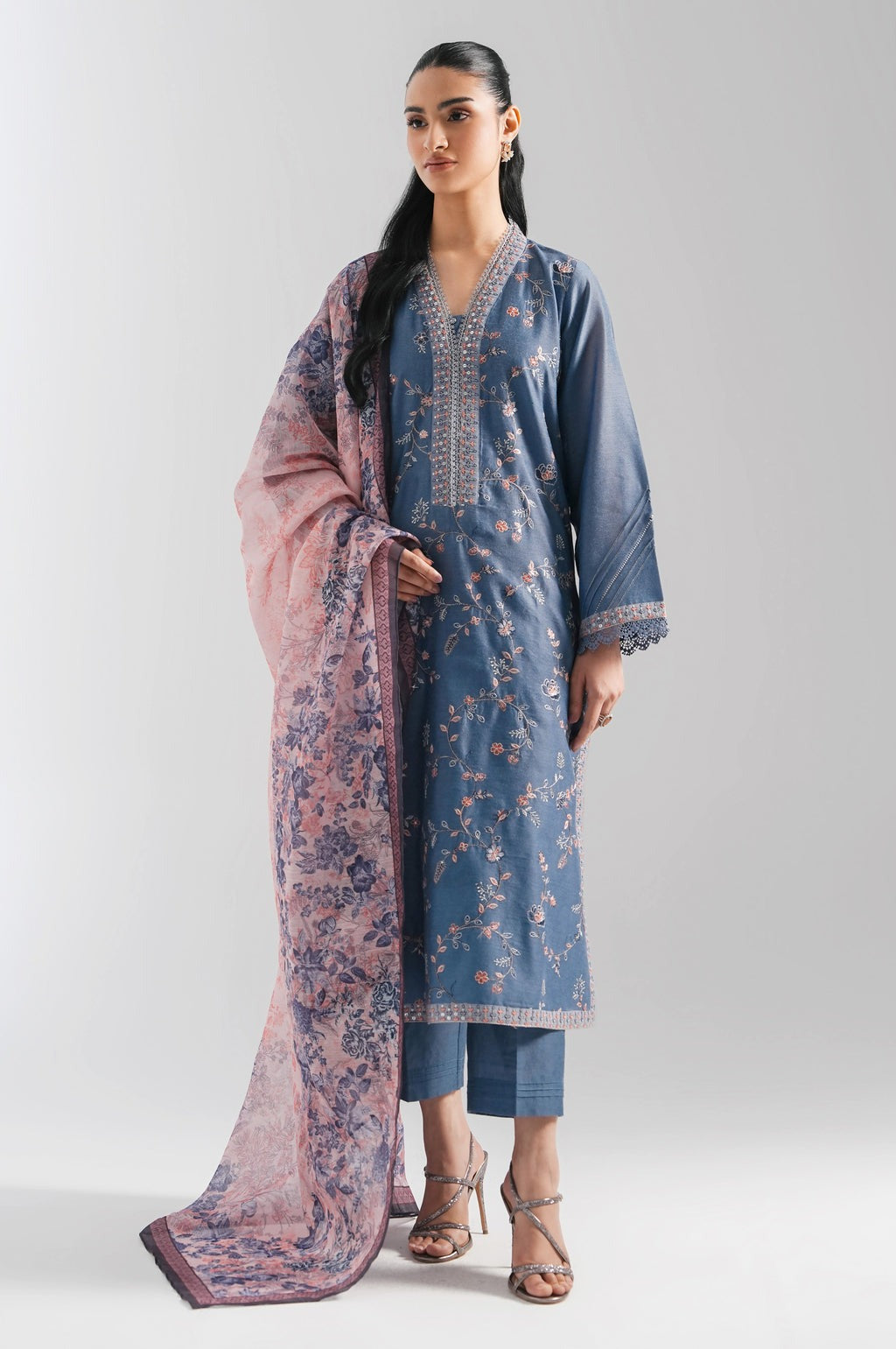 STITCHED EMBROIDERED COTTON NET SUIT