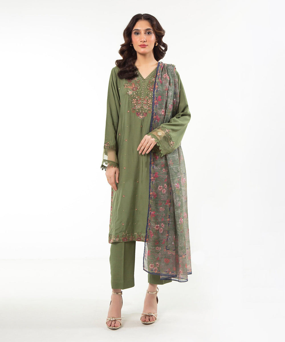 STITCHED EMBROIDERED RAW SILK SUIT